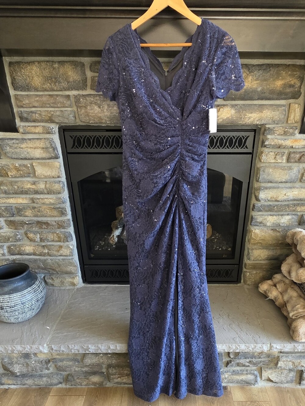 David's Bridal Navy Sequin Ruched V-Neck Formal Mother Of The Bride Dress